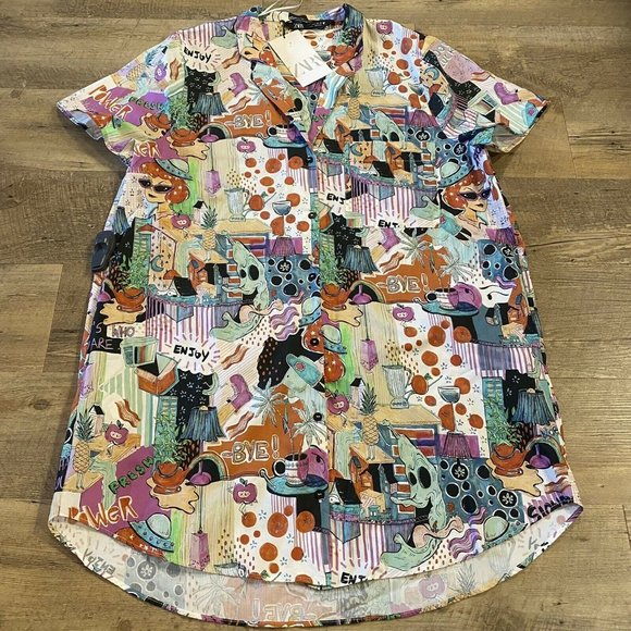 Zara Dresses & Skirts - Zara Cartoon Button Up Shirt Dress Size L NWT